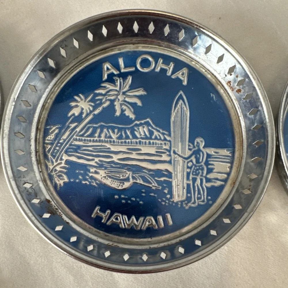 Vintage Hawaii Aloha Tin Metal Coasters Surfer Tiki Bar Man‎ Cave 3
